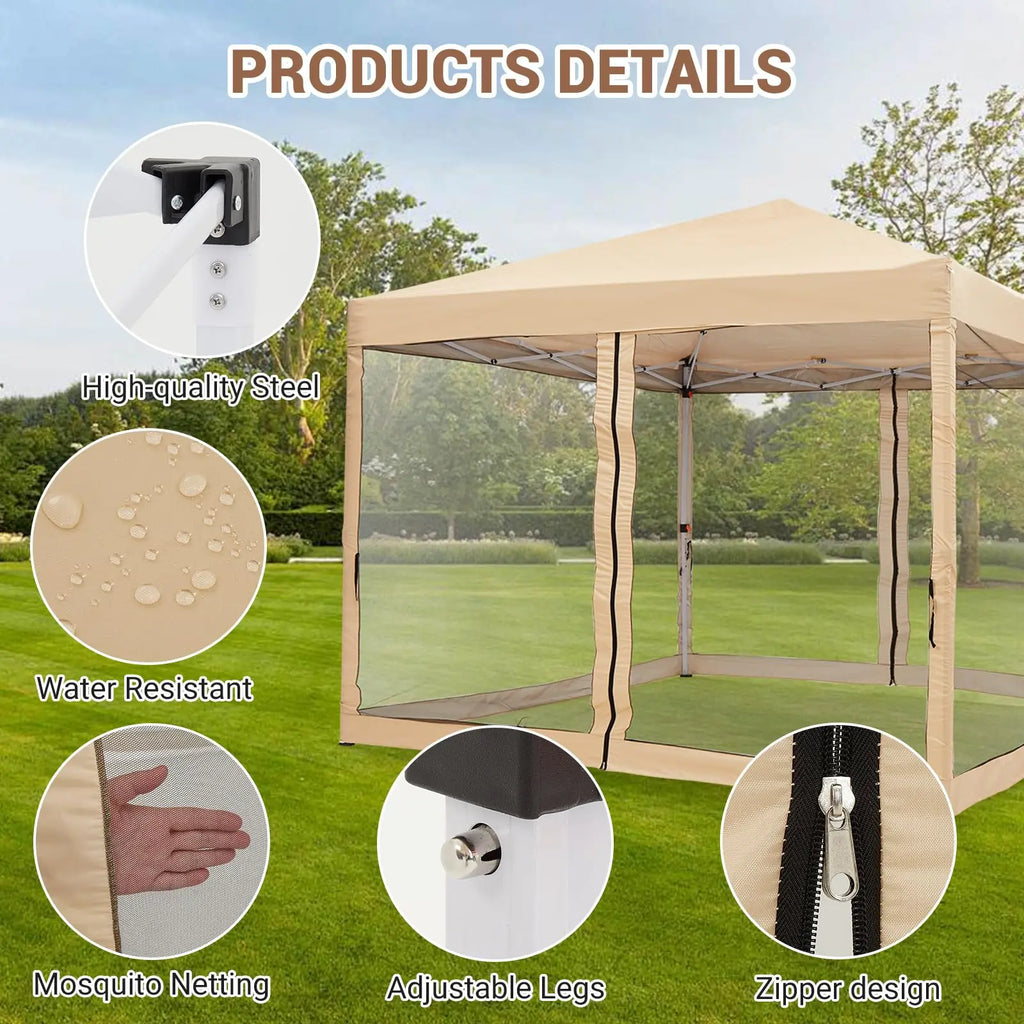 10x10ft Pop Up Canopy With Mesh Sidewall, Foldable Waterproof Gazebo Tent For Camping Patio Outdoor Parties