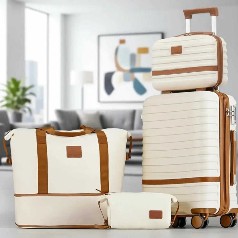 20 Inch Expandable Suitcase with Spinner Wheels, 4-Piece Hard Shell Luggage Set, TSA Lock (White/Brown)