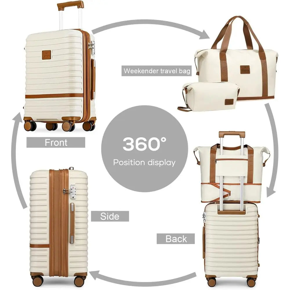 20 Inch Expandable Suitcase with Spinner Wheels, 4-Piece Hard Shell Luggage Set, TSA Lock (White/Brown)