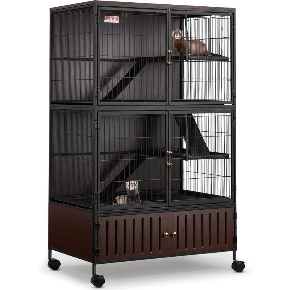 Large 60H Metal Chinchilla Cage with Removable Pan & Double Doors, Indoor Wooden Pet Crate for Small Animals