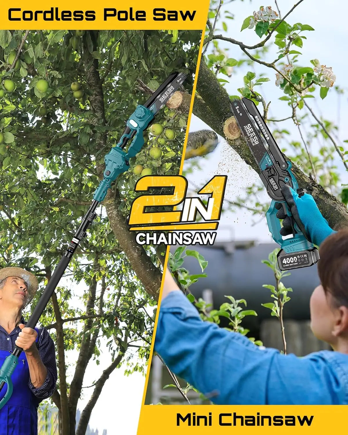 8-Inch 2-in-1 Cordless Pole Saw & Mini Chainsaw, 21V Brushless Electric Tree Trimmer with Extension Pole, 2×4000mAh Batteries