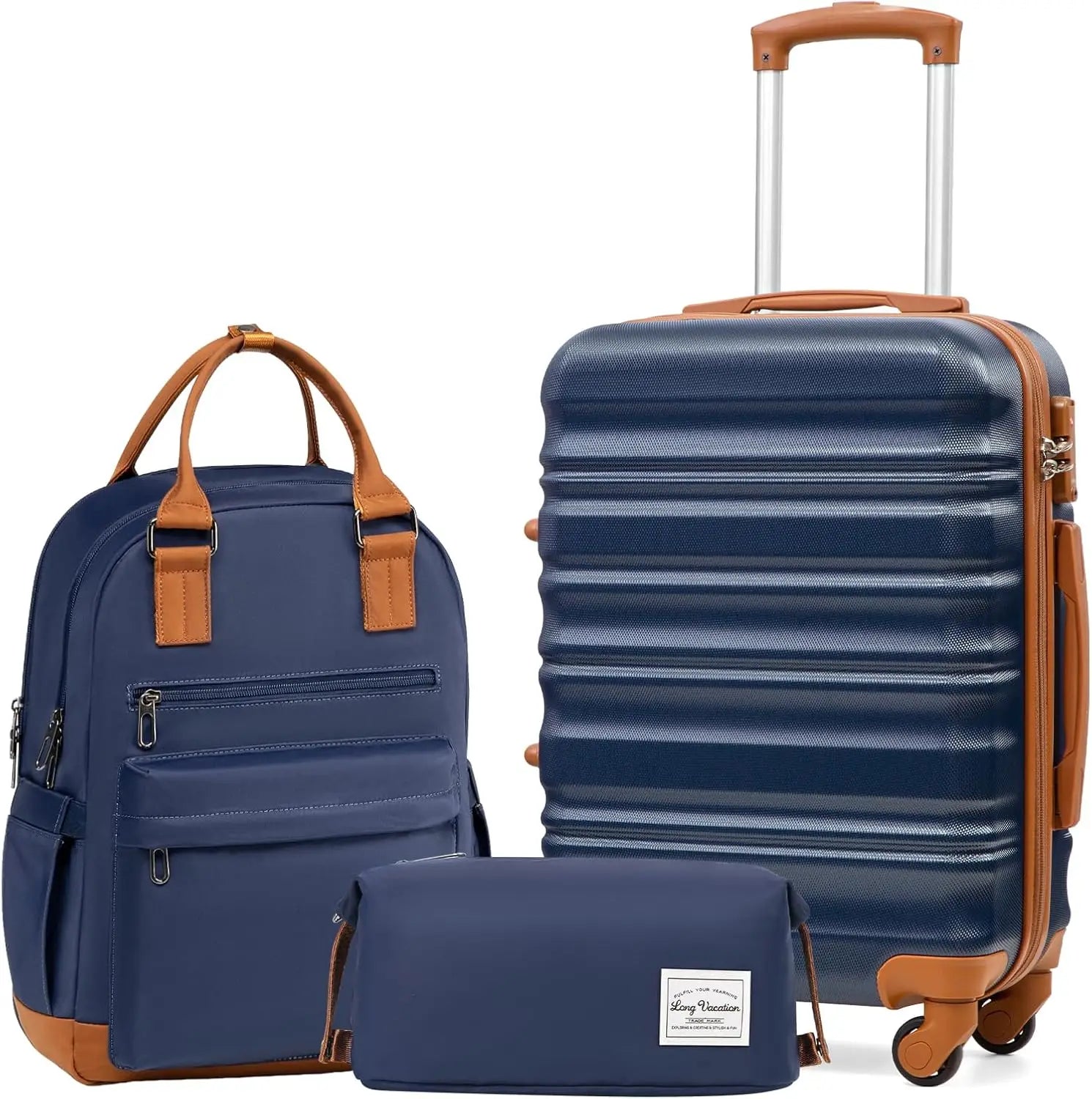 LONG VACATION 6 Piece Luggage Set Carry on Suitcase with ABS+PC hardshell, Spinner Wheels & YKK Zipper TSA Lock (BEIGE-BROWN