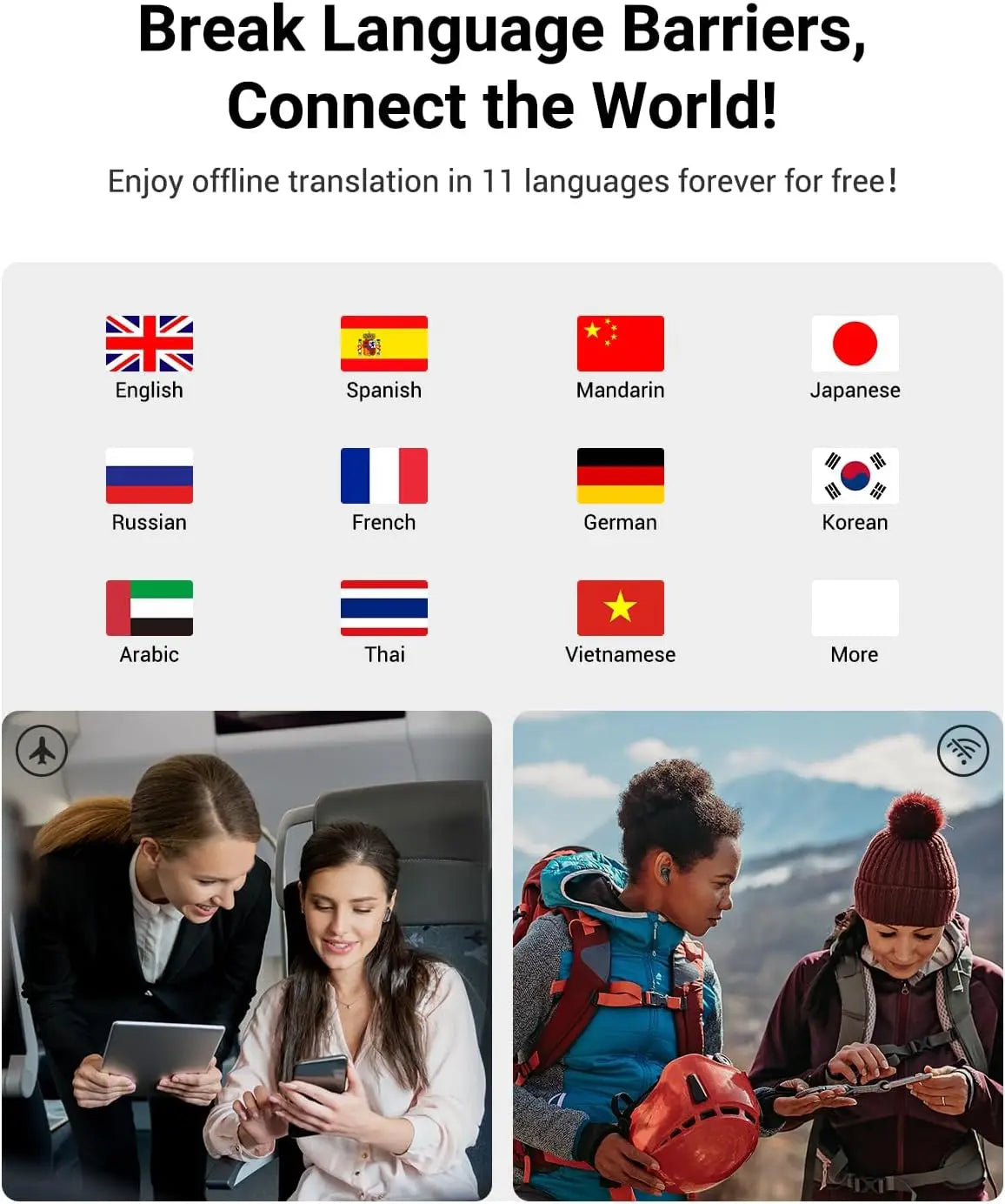 Real-Time AI Translator Earbuds - 144 Languages, 5 Modes for Travel Business Learning, Black