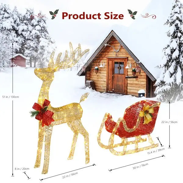 Golden Elk Deer Sled Christmas Decoration - Iron Frame Cotton Thread Yard Ornament with Green Onion Powder Accents (74x20x120cm,