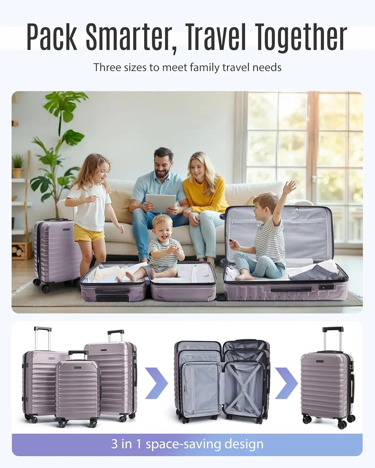 3-Piece Hard Shell Luggage Set with Spinner Wheels & TSA Lock, Lightweight Durable Suitcases 20/24/28 Inch in Rose Purple