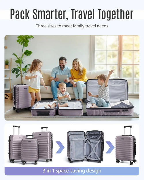 3-Piece Hard Shell Luggage Set with Spinner Wheels & TSA Lock, Lightweight Durable Suitcases 20/24/28 Inch in Rose Purple