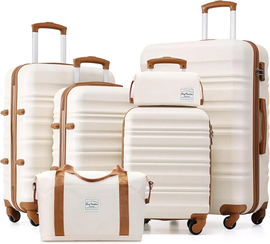 LONG VACATION 6 Piece Luggage Set Carry on Suitcase with ABS+PC hardshell, Spinner Wheels & YKK Zipper TSA Lock (BEIGE-BROWN