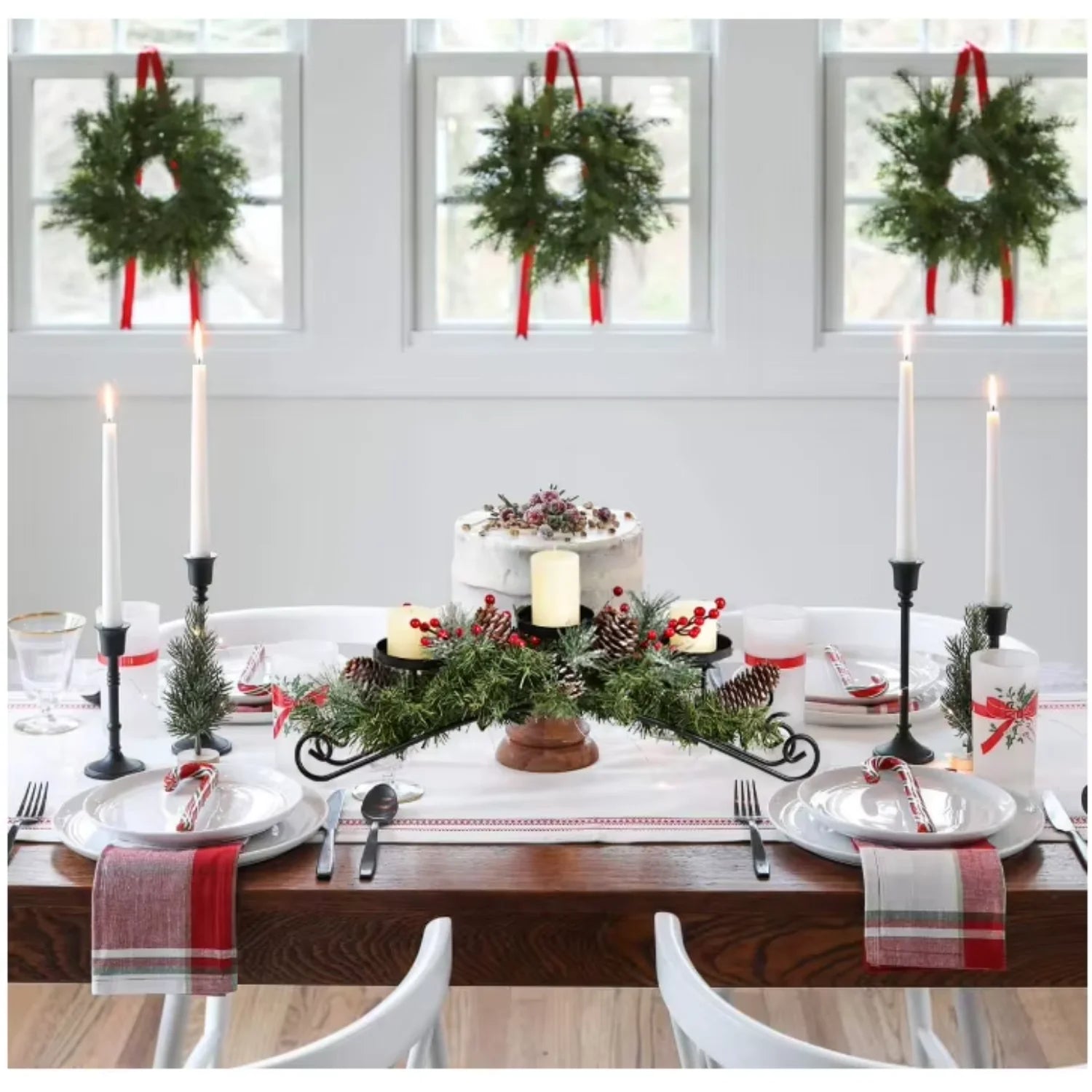 Christmas Decor Cones Red Berry Table Centerpieces with 3 Candle Holders