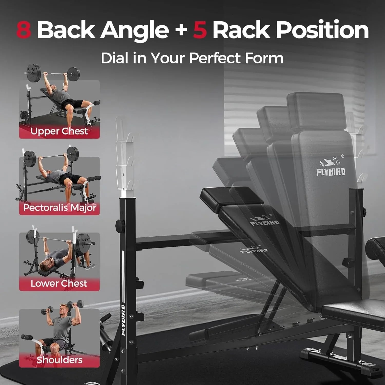 FLYBIRD Adjustable Weight Bench, with Bench Press Rack, Leg Extension and Leg curl, for Home Gym Workout，47IN-Width