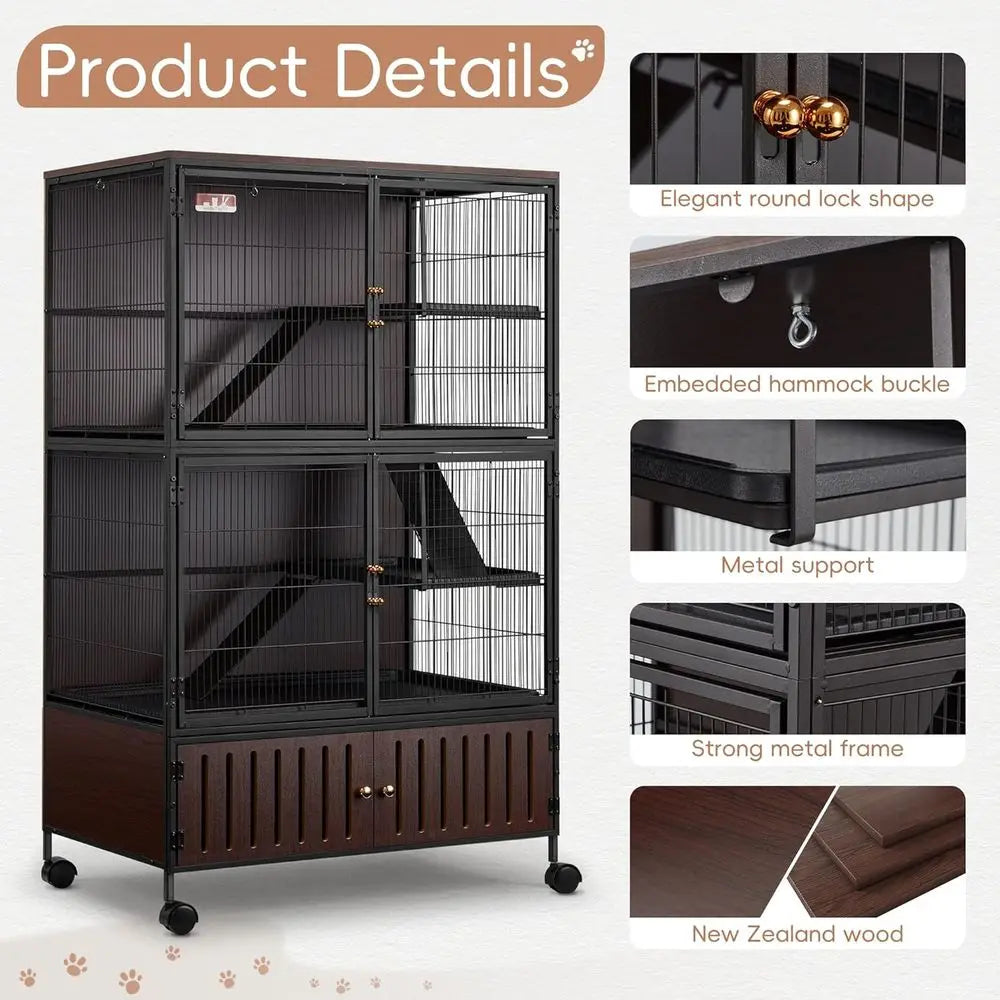 Large 60H Metal Chinchilla Cage with Removable Pan & Double Doors, Indoor Wooden Pet Crate for Small Animals