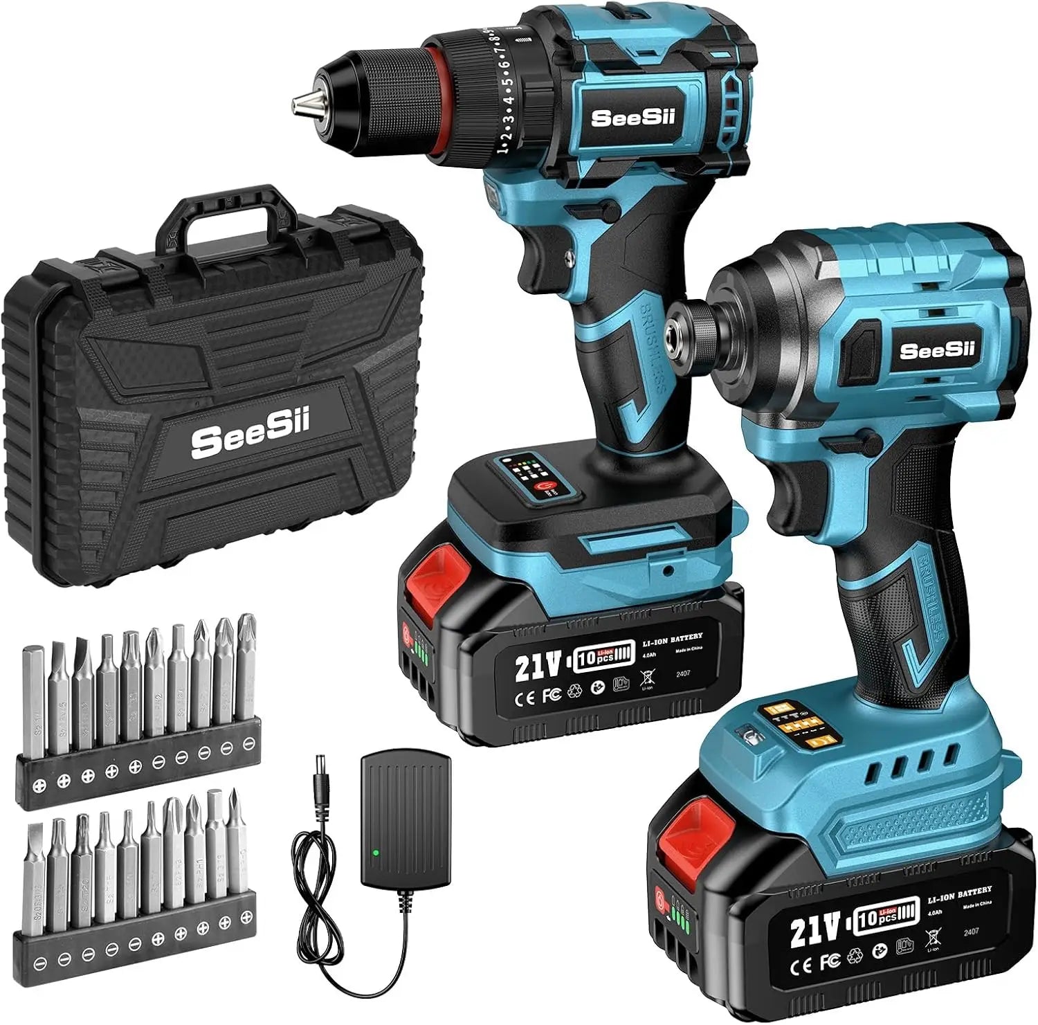SEESII 21V Max Cordless Electric Drill and Impact Driver Screwdriver Tool 3/8'' Drill & 1/4'' Impact Driver 2x 4.0Ah Battery
