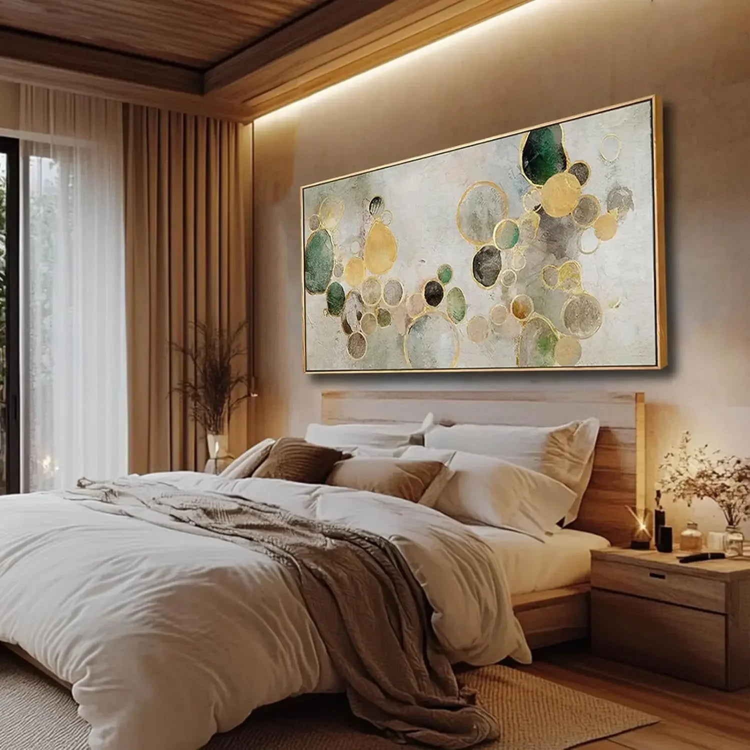 Abstract Canvas Wall Art Gold Circle Painting Green Artwork Framed Wall Prints 29"x 58" Office Wall Decor Colorful Pictures