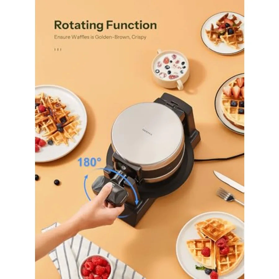 Classic Waffle Iron Double Belgian Waffle Maker 180°Flip 100W Waffle Iron Rotating and Nonstick Plates with Removable Drip Tray
