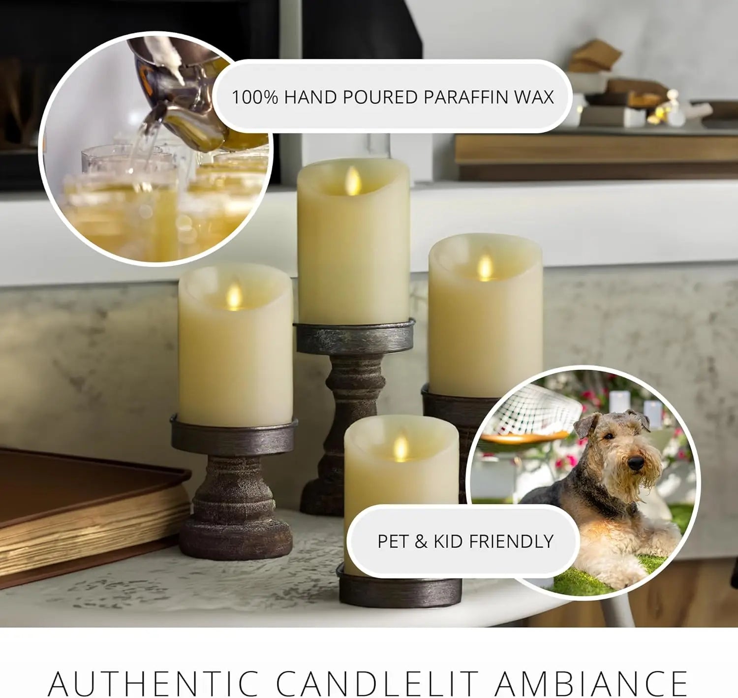 Flameless LED Flickering Pillar Candles, Ivory Pack of 4, Realistic Moving Flame Wax Decor for Indoor/Outdoor Use