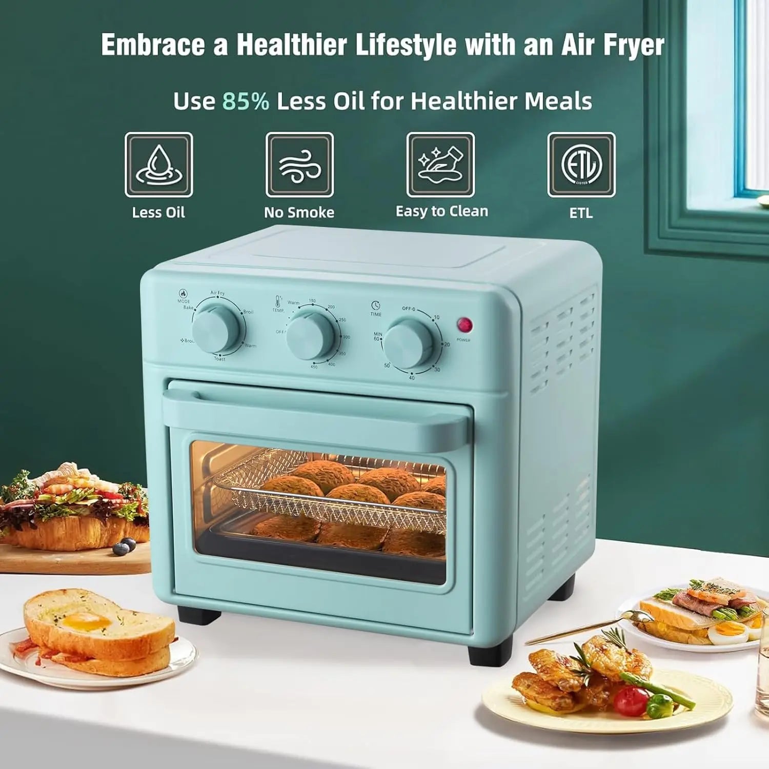 Retro Air Fryer Toaster Oven Combo, 16QT Capacity, 8-in-1 Functions for Baking, Frying, and More in Blue