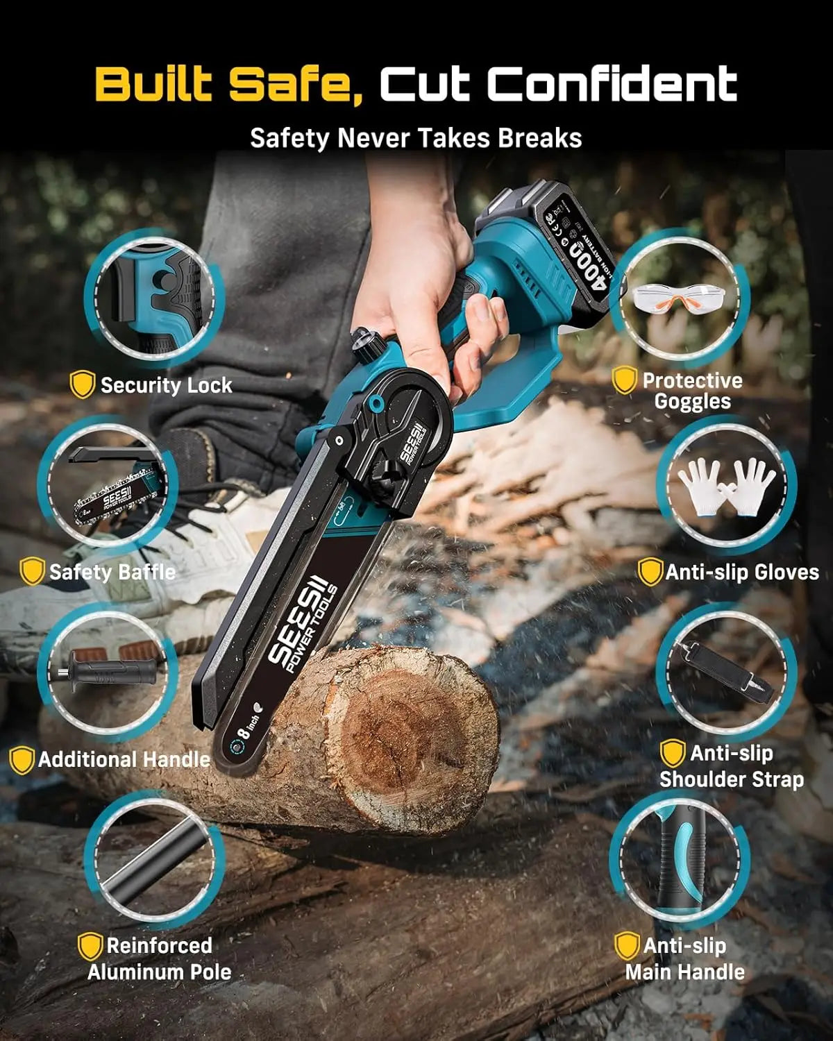 8-Inch 2-in-1 Cordless Pole Saw & Mini Chainsaw, 21V Brushless Electric Tree Trimmer with Extension Pole, 2×4000mAh Batteries